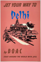 Rare authentic original vintage JET YOUR WAY TO DELHI BY BOAC British Overseas Airways Corporation linen backed travel and tourism poster plakat affiche circa 1957.