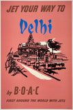 Rare authentic original vintage JET YOUR WAY TO DELHI BY BOAC British Overseas Airways Corporation linen backed travel and tourism poster plakat affiche circa 1957.