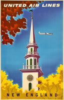 Original vintage United Air Lines - New England linen backed travel and tourism poster promoting travel to the upper east coast aboard United Airlines by artist Joseph Binder, circa 1955.