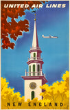 Original vintage United Air Lines - New England linen backed travel and tourism poster promoting travel to the upper east coast aboard United Airlines by artist Joseph Binder, circa 1955.