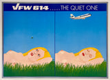 Rare authentic original vintage VFW (FOKKER) 614...THE QUIET ONE linen backed airline travel and tourism poster plakat affiche circa 1970.
