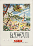 Vintage-style advertisement for Qantas flights to Hawaii featuring a tropical beach scene.