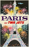 Vintage-style advertisement for TWA Jets featuring the Eiffel Tower and fireworks.