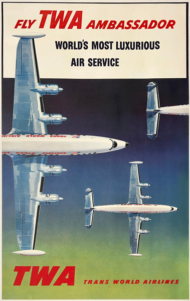 Original vintage FLY TWA AMBASSADOR aviation travel Trans World Airlines poster promoting featuring beautiful illustrations of the iconic "Connie" circa 1960s.