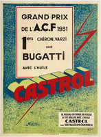 Rare authentic original Castrol Grand Prix Bugatti linen backed Formula One automobile racing car poster plakat affiche circa 1931.
