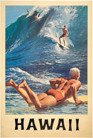 Original vintage Hawaii linen backed Hawaiian travel and tourism poster plakat affiche featuring surfers riding waves on the Pacific Ocean by artist Charles Chas Allen circa 1960s.