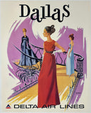 Original vintage Dallas - Delta Air Lines linen backed airline travel and tourism poster plakat affiche circa 1970s.