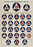 Rare authentic original vintage OFFICIAL CIVILIAN DEFENSE INSIGNIA linen backed American USA World War II propaganda poster plakat affiche printed circa 1942.