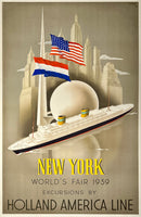 Rare authentic original vintage NEW YORK WORLD'S FAIR - HOLLAND AMERICA LINE deco cruise ship ocean liner travel and tourism poster plakat affiche mounted to Japan paper by artist Willem Frederick Ten Broek, circa 1939.