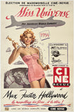 Vintage-style poster artwork for a 1954 film titled "Miss Universe," featuring illustrated text, an airplane, a woman in a pink swimsuit holding a gavel, and sponsor logos including Pan American World Airways and Cine-Revue.