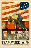 Vintage-style poster with workers and an American flag, featuring the text 'Teamwork Wins'.