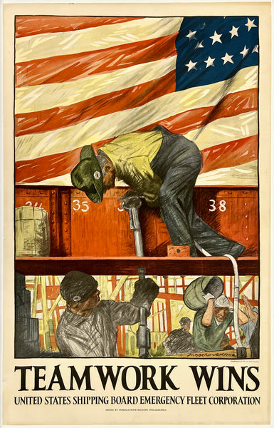 Vintage-style poster with workers and an American flag, featuring the text 'Teamwork Wins'.