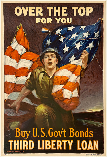 Vintage World War I poster with a soldier holding an American flag, text 'Over the Top for You', 'Buy U.S.