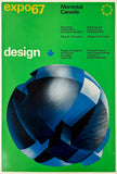 Poster for Expo 67 in Montreal, Canada featuring a blue geometric design on a green background.