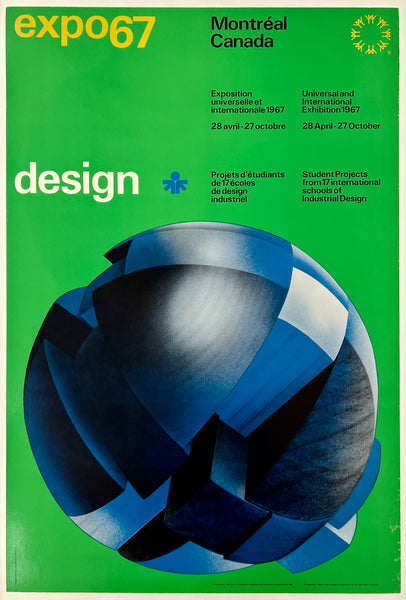 Poster for Expo 67 in Montreal, Canada featuring a blue geometric design on a green background.
