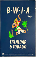 Original vintage BWIA - TRINIDAD & TOBAGO - BRITISH WEST INDIES AIRWAYS British Overseas Airways Corporation linen backed Caribbean travel and tourism silkscreen poster plakat affiche, circa 1960s.