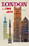 Original vintage London - Fly TWA Jets linen backed aviation travel and tourism poster featuring an illustration of Big Ben and Westminster Abbey by artist David Klein, circa 1960s.