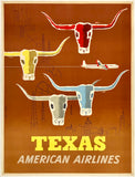 Original vintage Texas - American Airlines linen backed travel and tourism poster featuring a Douglass DC-7 aircraft flying above city skylines and oil rigs as well as the heads of steers prominently featured by artist Glanzman-Parker, circa 1953.