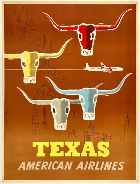 Original vintage Texas - American Airlines linen backed travel and tourism poster featuring a Douglass DC-7 aircraft flying above city skylines and oil rigs as well as the heads of steers prominently featured by artist Glanzman-Parker, circa 1953.