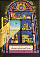 Stylized stained glass window with travel-themed imagery and text, resembling a vintage poster.