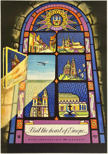 Stylized stained glass window with travel-themed imagery and text, resembling a vintage poster.