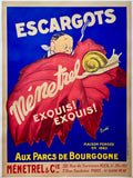 Vintage advertisement poster for Ménetrel escargots with a snail on a leaf against a blue background.