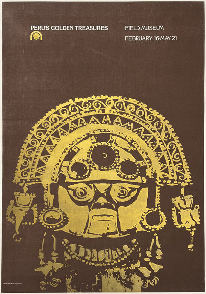 Poster for 'Peru's Golden Treasures' exhibition at the Field Museum with decorative gold mask design.