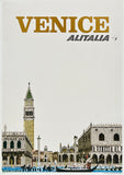 Vintage-style travel poster for Venice featuring architectural landmarks and Alitalia branding.