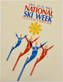 Poster for National Ski Week 1965 with skiers and a sun on a beige background