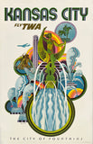 Vintage-style travel poster for Kansas City featuring a green figure and fountains, with 'Fly TWA' text.