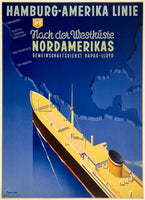 Rare authentic original vintage HAMBURG-AMERIKA LINIE NORDAMERIKAS - HAPAG linen backed travel and tourism cruise ship poster plakat affiche by artist Ottomar Anton circa 1935.