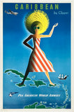 Vintage travel poster for Pan American World Airways advertising the Caribbean flight 'by Clipper'. The illustration features a stylized woman in a red and white striped dress and a large yellow sun hat, standing on a map of the Caribbean islands against a bright blue sky.