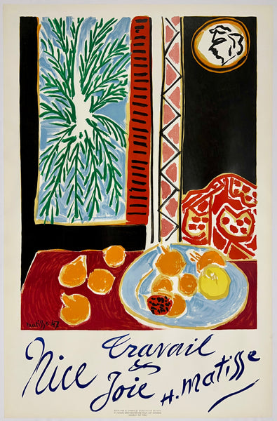 Original vintage NICE - TRAVAIL & JOIE linen backed French travel and tourism affiche poster plakat by artist Henri Matisse circa 1947.