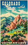 Rare authentic original vintage Colorado United Air Lines linen backed UAL airline travel and American tourism poster plakat affiche by artist Joseph Feher, circa 1950.