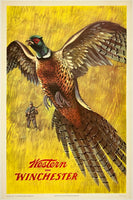 Original vintage Western Winchester pheasant hunting shotgun rifle linen backed advertising poster by artist Weimer Pursell, circa 1955.