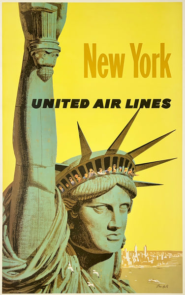Vintage-style poster of the Statue of Liberty with 'New York United Airlines' text on a yellow background