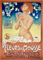 Rare antique original vintage Fleurs De Mousse - Le Grand Parfum A' La Mode linen backed art nouveau poster plakat affiche by artist Leopoldo Metlicovitz circa 1899.