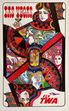 Original vintage Las Vegas - Fly TWA linen backed aviation travel and tourism showgirl, casino, sunshine, golf, playing card, gambling and beaches poster by artist David Klein, illustrator of airline posters for Trans World Airlines destinations.