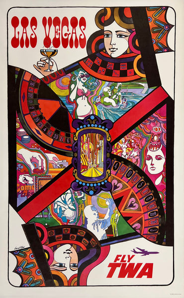 Original vintage Las Vegas - Fly TWA linen backed aviation travel and tourism showgirl, casino, sunshine, golf, playing card, gambling and beaches poster by artist David Klein, illustrator of airline posters for Trans World Airlines destinations.