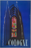 Artistic depiction of a cathedral with a stained glass window and 'Cologne' text on a blue background