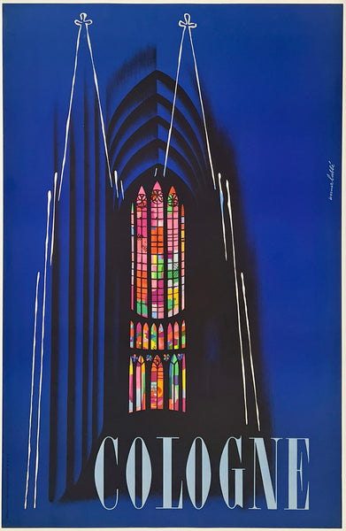 Artistic depiction of a cathedral with a stained glass window and 'Cologne' text on a blue background
