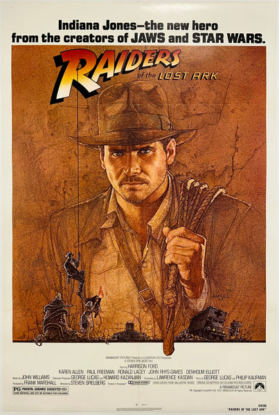 Original vintage Raiders of the Lost Ark Indiana Jones linen backed one sheet movie poster featuring Harrison Ford, circa 1982.