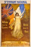 Rare original vintage 5me. EMPRUNT NATIONAL - ALLIES DANS LA GUERRE - UNIS DANS LA PAIX (Allies In War - United In Peace) French World War linen backed military propaganda poster plakat affiche by artist Bouisset circa 1919.