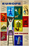 Beautiful authentic original vintage AIR FRANCE - EUROPE linen backed airline travel and tourism poster plakat affiche by Jean Carlu printed circa 1959.