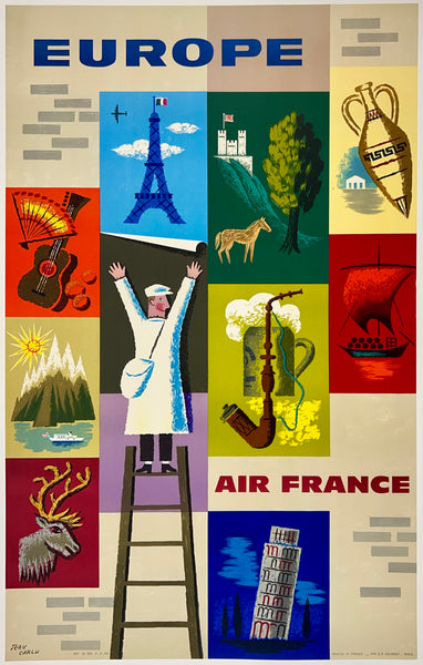 Beautiful authentic original vintage AIR FRANCE - EUROPE linen backed airline travel and tourism poster plakat affiche by Jean Carlu printed circa 1959.