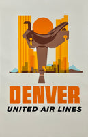 Rare authentic original vintage Denver United Air Lines linen backed UAL airline travel and tourism partial silkscreen poster plakat affiche circa 1960s.