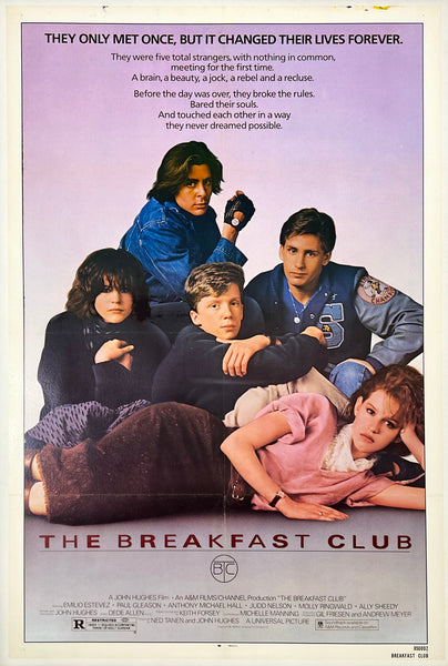 Original vintage THE BREAKFAST CLUB linen backed one sheet movie poster featuring Judd Nelson, Emilio Estevez, Molly Ringwald, and Anthony Michael Hall circa 1985.