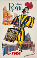 Original vintage Fly TWA Rome Up Up and Away Italian aviation travel and tourism poster plakat affiche featuring the Swiss Guard of Vatican City Italy by artist David Klein, circa 1960s.