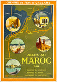 Vintage travel poster for Chemins de Fer d'Orleans promoting travel to Morocco with a map and scenic illustrations.