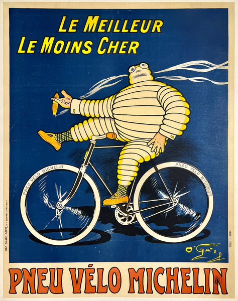 Extremely rare and authentic original vintage PNEU VELO MICHELIN  - LE MEILLEUR - LE MOINS CHER tire linen backed tyre affiche plakat poster by artist O'Galop circa 1912.